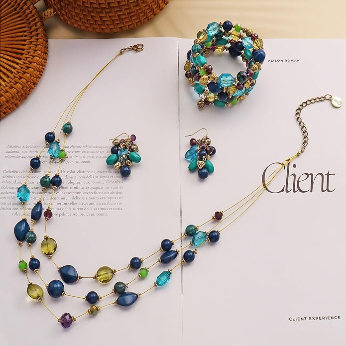 3 Layers Illusion Wire Beaded Statement 19.5" Necklace for Women